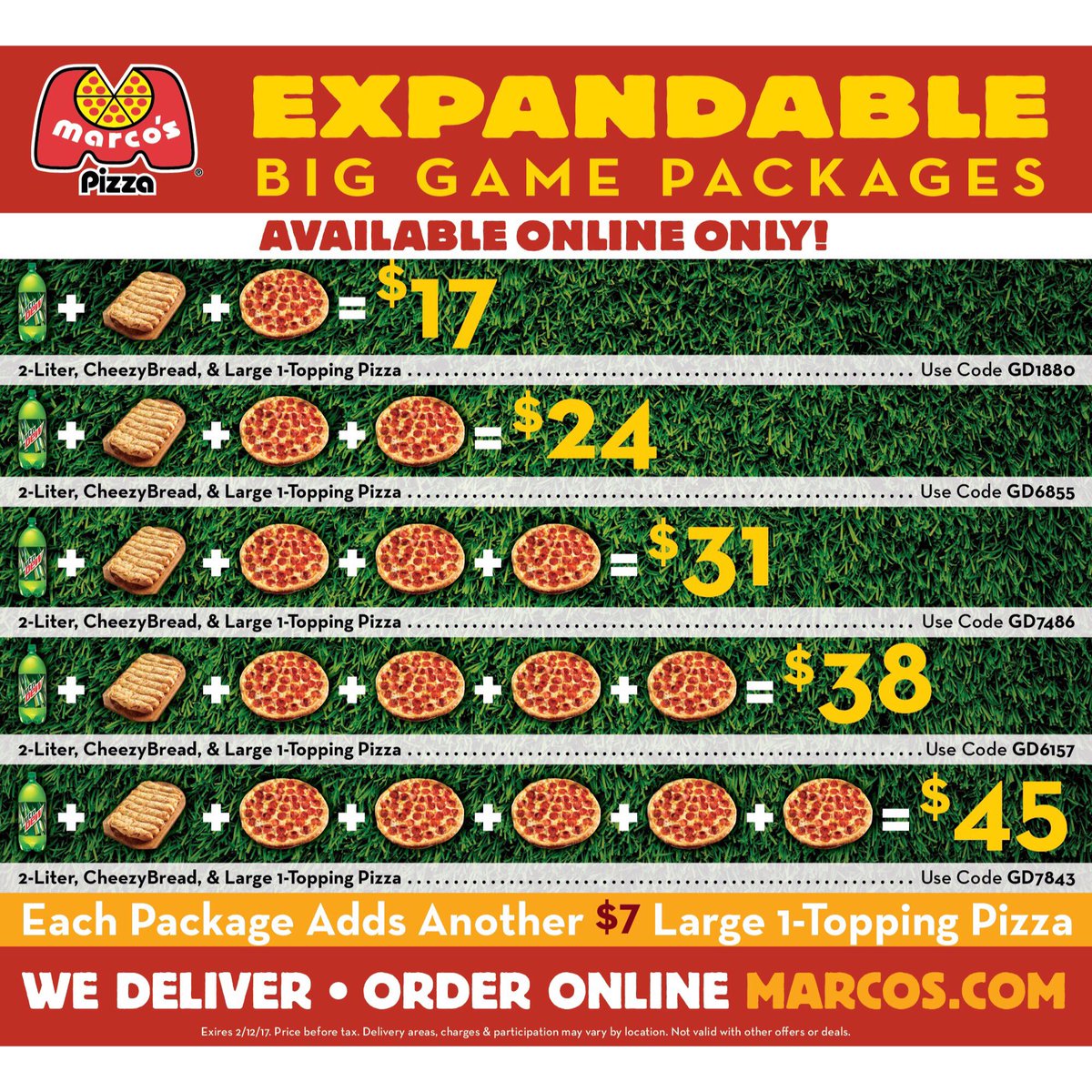 marcospizzasav's tweet photo. Are you ready for the BIG GAME?! Order online at https://t.co/7pTDZAhRty and enjoy our Expandable Super Bowl Packages! #superbowl #pizza https://t.co/E0dI0DEfmI