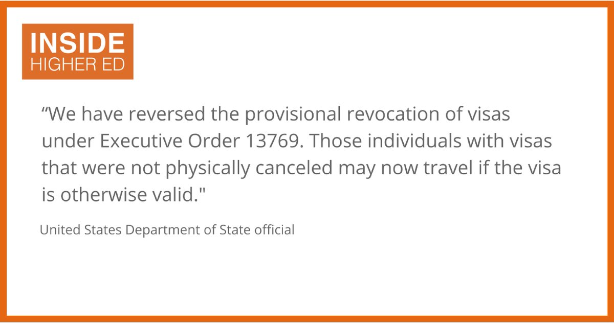 insidehighered's tweet photo. JUST IN: @StateDept has restored validity of visas for those who were barred from entering US under Trump EO https://t.co/kUKXicI6PT https://t.co/uDzEYaDmdN