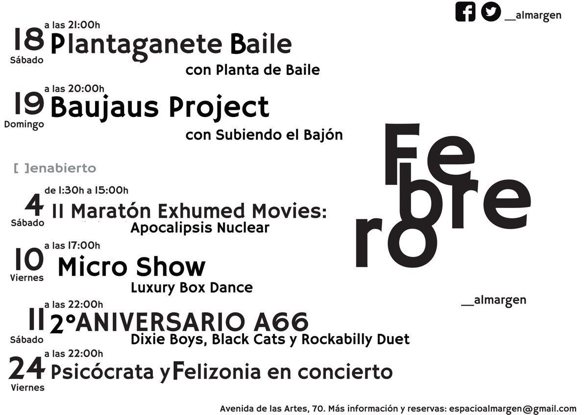 __almargen's tweet photo. ProgFeb: #Maratón @exhumedzine,microshow LuxuryBoxDance,2°AniversarioA66,PlantaganeteBaile,@BaujausProject,Felizonia+Psicócrata en concierto https://t.co/ybDhTZ3GrB