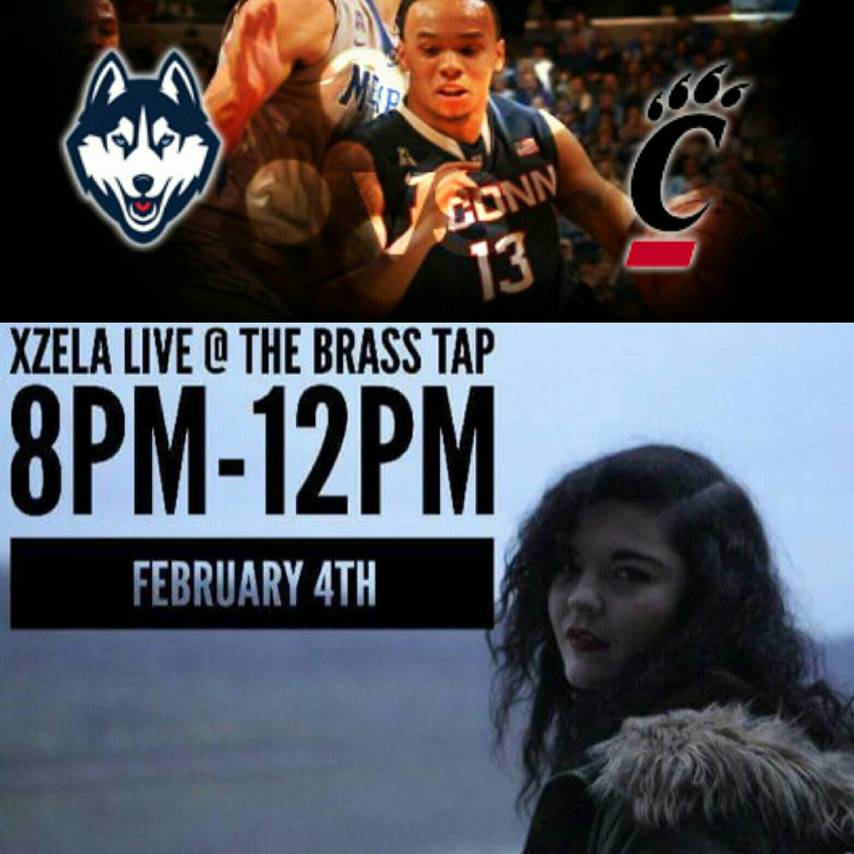 Come pregame and watch the Bearcats whoop up on those Huskies. Tip off at 4pm. Then listen to XZELA live from the Brass Tap Stage at 8pm