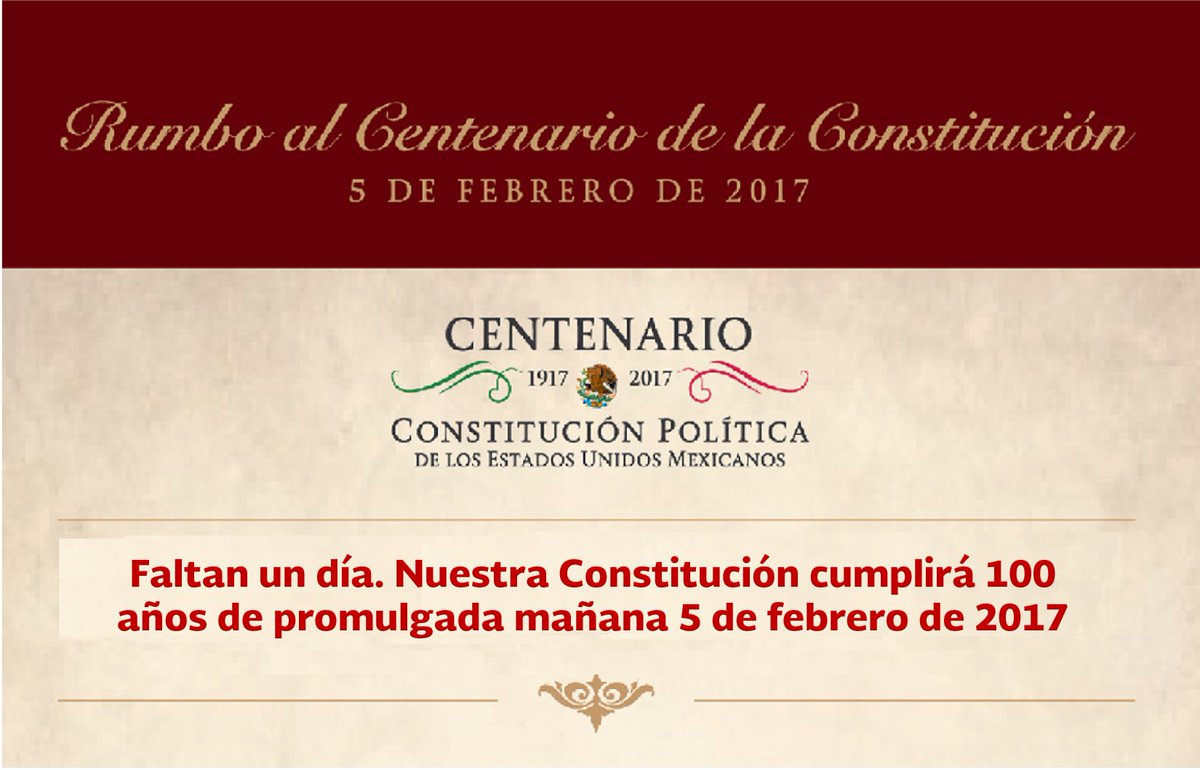 gobmx's tweet photo. 🎉🎉🎉 1 día para que nuestra #Constitución1917 cumpla cien años de promulgada. @INEHRM 
 🇲🇽 https://t.co/e2A4gDs58v