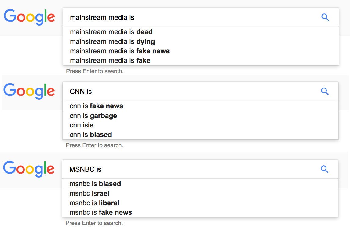 polluxc's tweet photo. Even #Google agrees. #CNN #MSNBC #MSM #FakeNews #FalseJournalism #bias #crap #garbage #corporate #shill #mockingbird #presstitute https://t.co/k94zAVLTgz