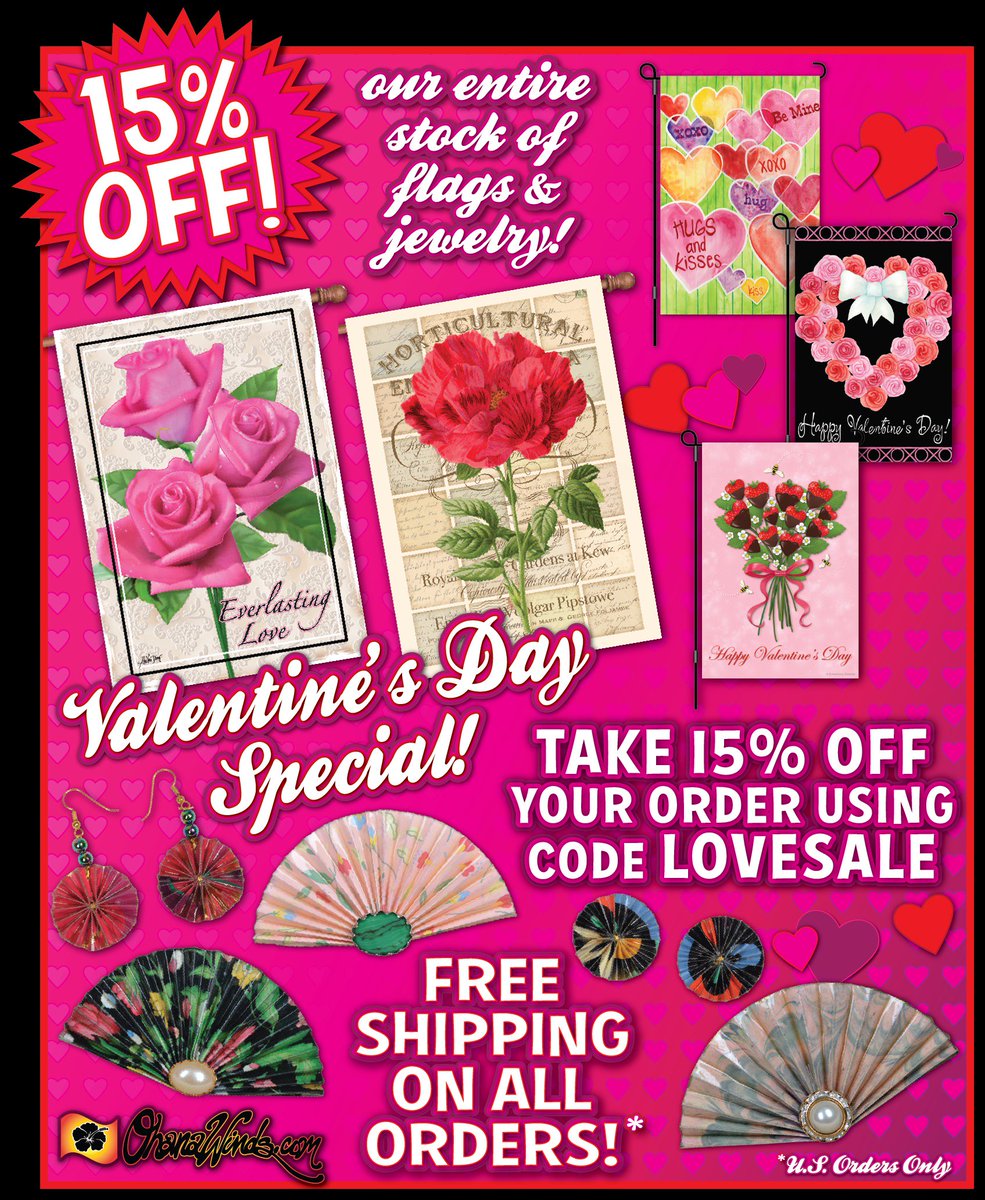 OhanaWinds's tweet photo. New #ValentinesDay Special! Get 15% OFF using code LOVESALE + get #freeshipping on ALL Orders! #GardenFlags #Flags #Gifts #jewelry https://t.co/Du09bkD8Us