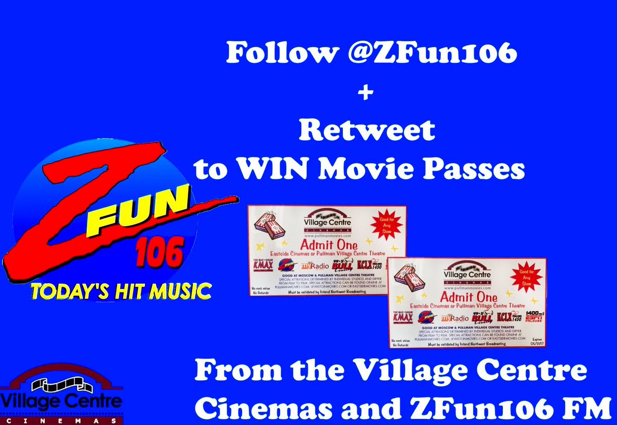 ZFUN106's tweet photo. Follow + Retweet for a chance to WIN MOVIE TICKETS from The Palouse's #1 Hit Music Station #ZFUN106!
Listen to Steve Shannon weekdays 6am-10 https://t.co/2MCVXTqvfb