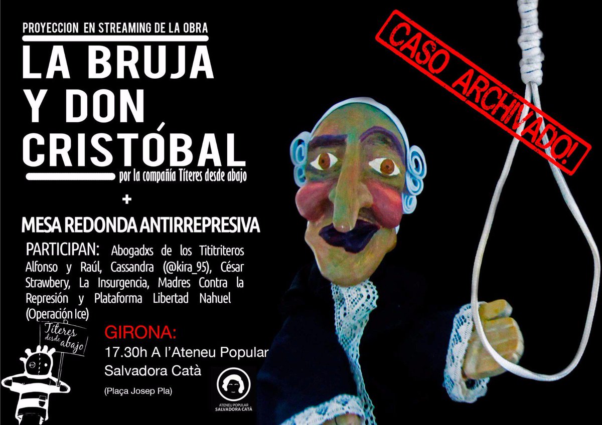 Demà 17:30h a <a href="/SalvadoraCata/">Ateneu Popular Salvadora Catà</a> streaming de l'obra "La bruja y don Cristóbal" de Titiriteros desde abajo.