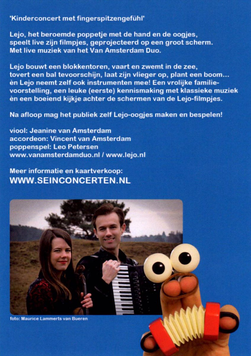 Seinconcerten1's tweet photo. Het @vanamsterdamduo zal optreden en poppenspeler Leo Pietersen (Lejo) begeleiden. Leuk voor kinderen  maar ook voor ouders, opa's/oma's! https://t.co/HHVIjeP3EP