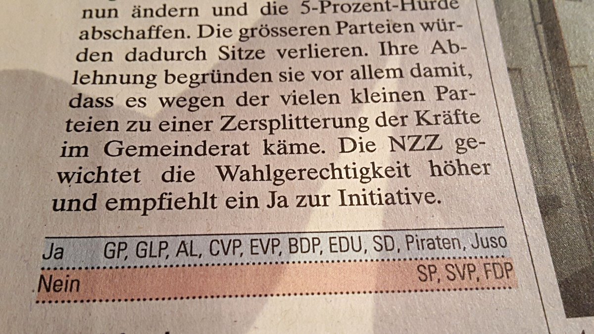 Sogar die <a href="/NZZ/">NZZ</a> empfiehlt ein JA zum Fairen Wahlrecht <a href="/fairewahlen/">Faires Wahlrecht</a> und damit zur Abschaffung der 5% Hürde #fairesWahlrecht #grzh