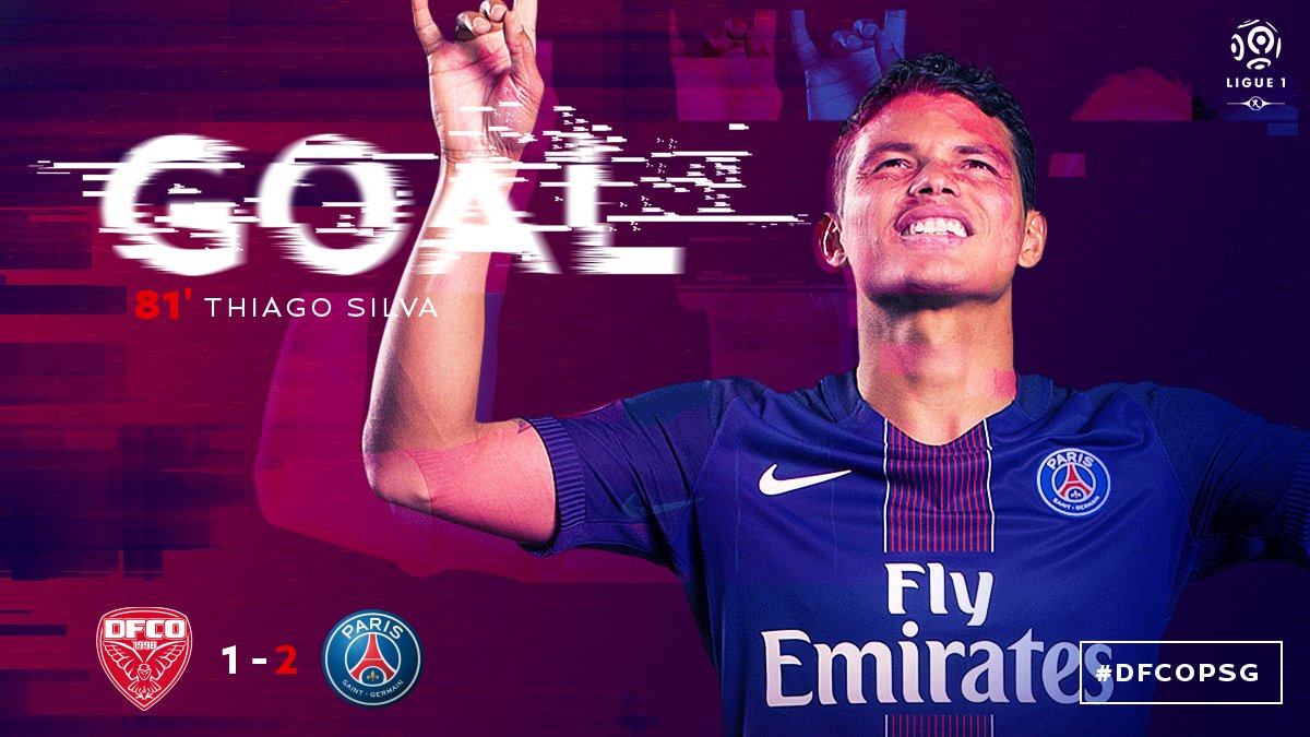 PSG_English's tweet photo. 81' GOOOOOOOOOOAAAAAAAAAAALLLLL PSG!!!! Thiago Silva puts Paris back in the lead!! #DFCOPSG https://t.co/JS7LuiGdmf