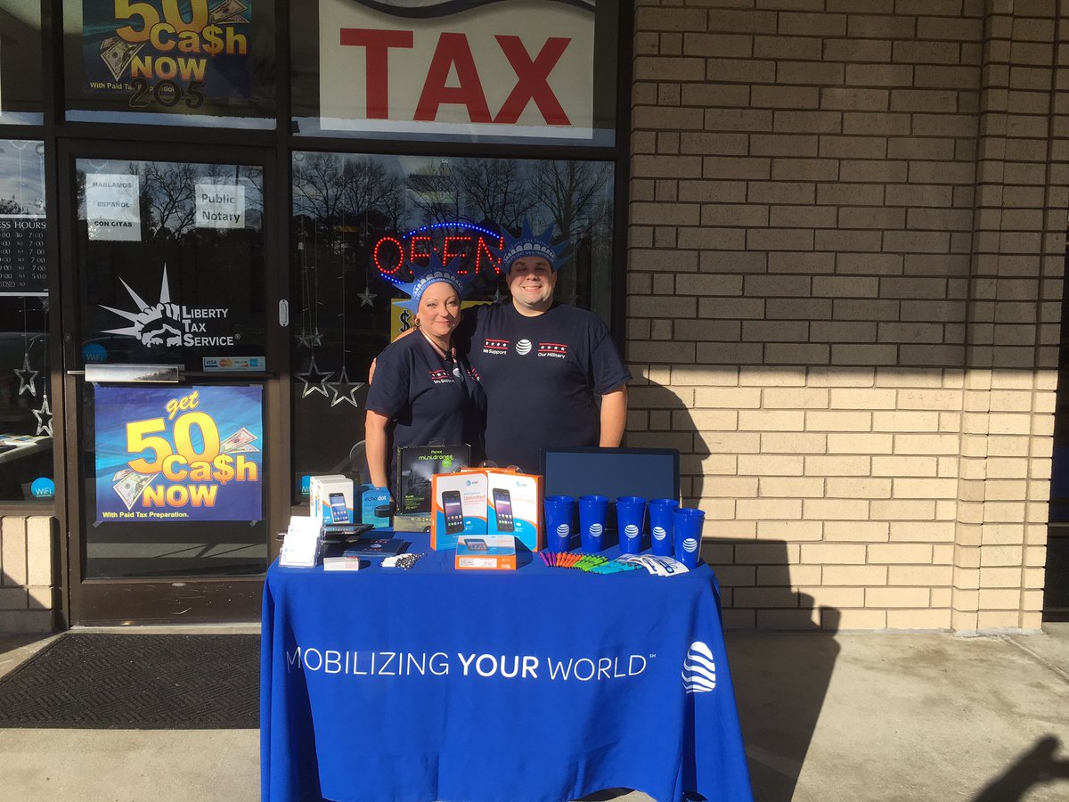 Stop #2! Jessica &amp; Frank are traveling around Fayetteville talking AT&amp;T! Join US at Liberty Tax in Westwood! <a href="/chackm0n/">Chad Hackman</a> <a href="/jd4180/">John Denning</a> #mightier