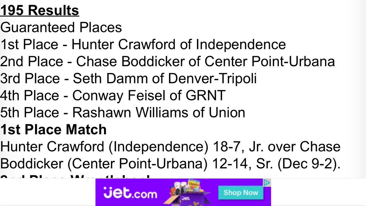 TheRealDrew_C's tweet photo. Finals 195: 2nd-Boddicker of #CPU, 5th-Williams of #Union #2Asectionals #iahswr https://t.co/l9YEX2OsXE