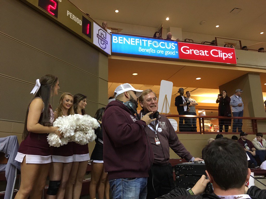 CofC's tweet photo. Look who's in the DJ booth for the @CofCBasketball game! 👋@cofcpresident. https://t.co/4NiblRz3d0