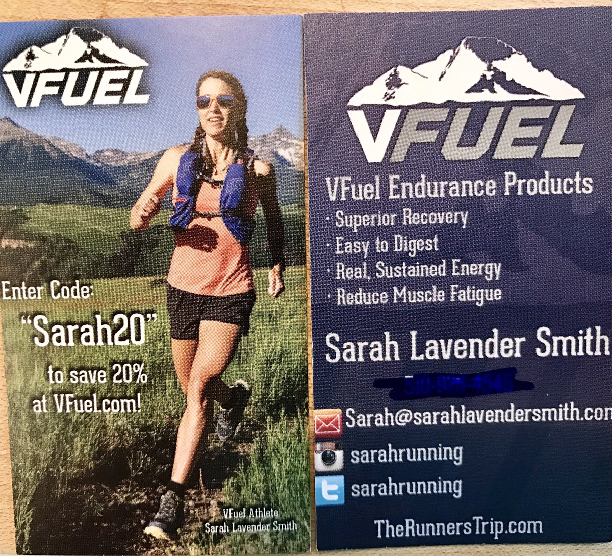 sarahrunning's tweet photo. Thx @VFuelOfficial for cool card! Glad to be on #teamVFuel! Use code in pic to try some, it's the best. #vfuel #ultrarunning #dumpfructose https://t.co/E0fweSnCHs