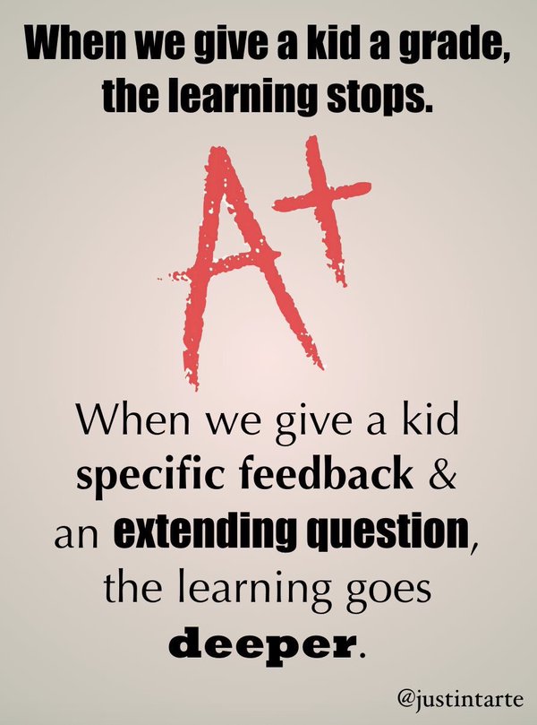 justintarte's tweet photo. Give a grade &amp; the learning stops. Give specific feedback &amp; extending questions the learning goes deeper. #edchat #sblchat #education https://t.co/vvDy1kySLN