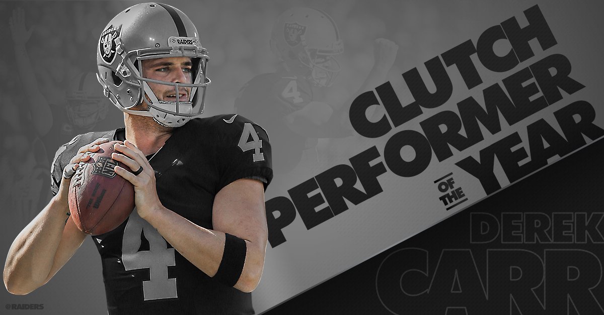 Raiders's tweet photo. Congratulations to @derekcarrqb on being named the Castrol EDGE Clutch Performer of the Year! #NFLHonors

#RaiderNation https://t.co/4mrhwJDlrb