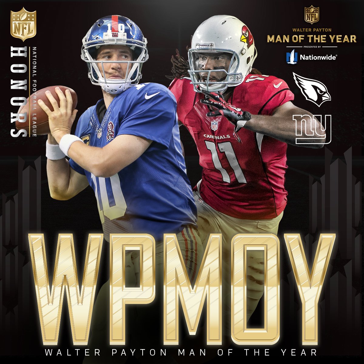 Eli Manning Larry Fitzgeraldal megosztva nyerte a Walter Payton Man of