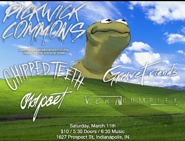 PickwickCommons's tweet photo. Our next Indianapolis show, March 11th at the @hoosierdome317 so you best be there! @OldPoetBand_IN @ChippedTeethIN @GraveFriends https://t.co/eoNbMLiayx