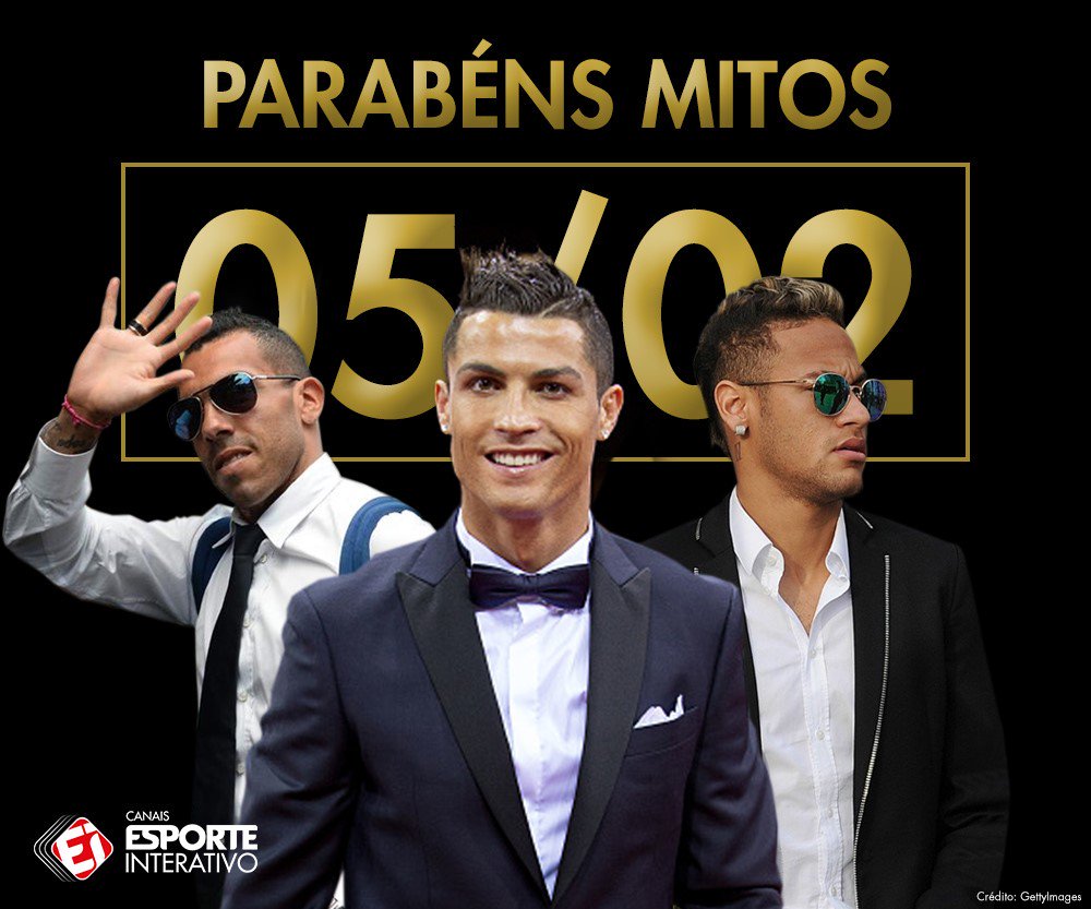 TNTSportsBR's tweet photo. Dia 05/02, o dia que Deus estava assistindo futebol! Será que tem craque fazendo aniversário?! Parabéns para @Cristiano, @neymarjr e Tévez! https://t.co/Kw1m76oSC0