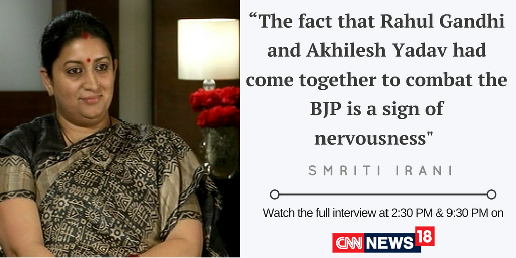 CNNnews18's tweet photo. #SmritiIraniExclusive | Watch Smriti Zubin Irani in an exclusive interview with CNN- News18's @maryashakil at 2:30 PM &amp; 9:30 PM https://t.co/TS3KsCm1Wd