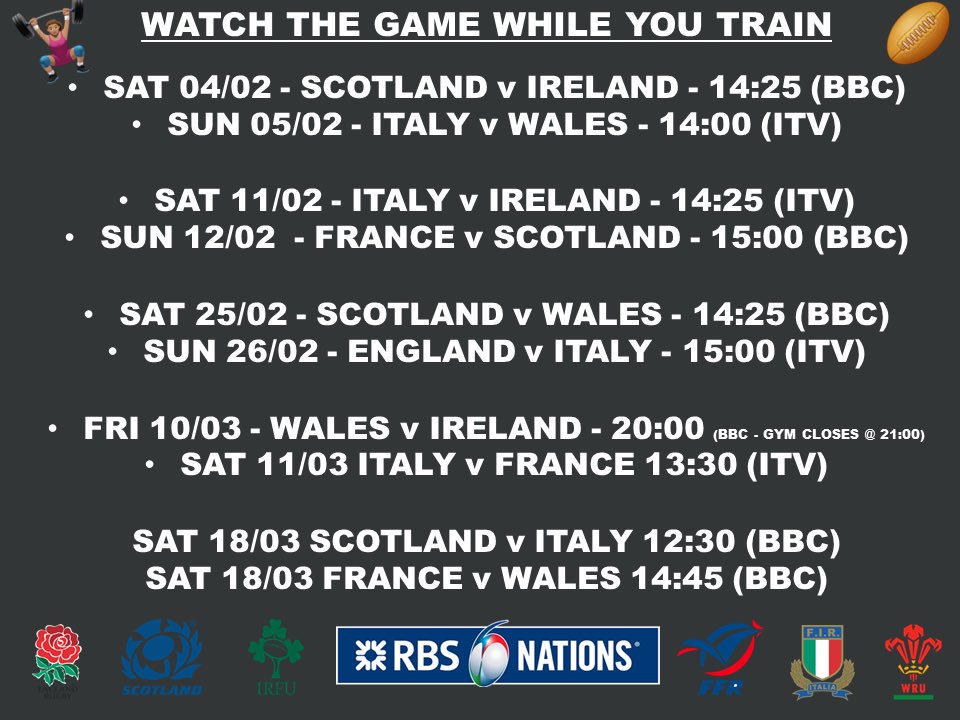 AspireGymUOB's tweet photo. Watch the game while you train at the Bedford gym during the #SixNationsRugby this year! 🏉📺 #rugby #gym #bedford https://t.co/PuxJIBlHLQ
