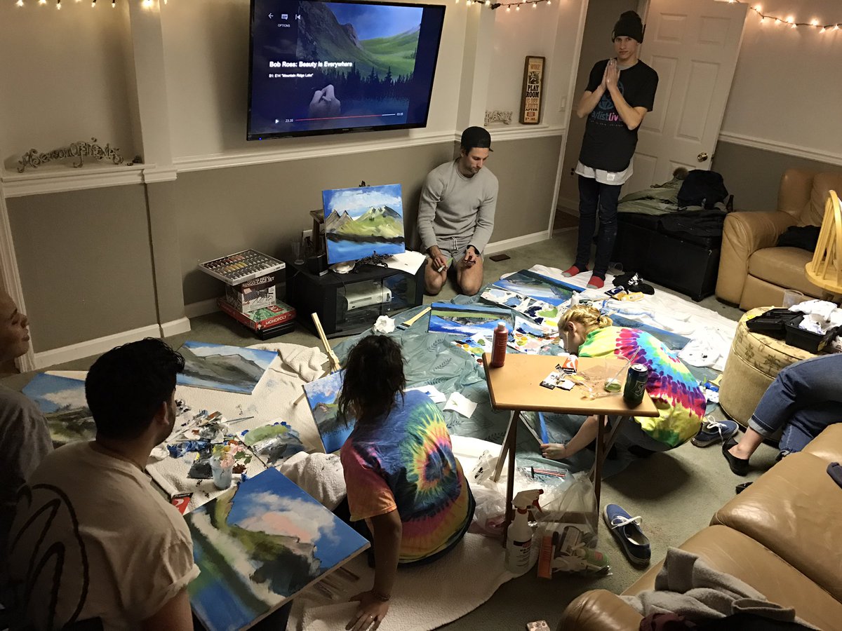 Brovegna's tweet image. HAD A BOB ROSS PAINTING PARTY FOR MY BIRTHDAY.

LOVE. MY. FRIENDS. 
BEST. DAY. EVER.