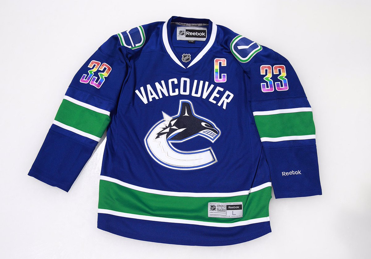 Canucks's tweet photo. As Henrik Sedin revealed on After Hours, #Canucks will celebrate #HockeyIsForEveryone on Feb 28. Team will wear special warm-up jerseys. 🌈 https://t.co/lqLdtIfYDS