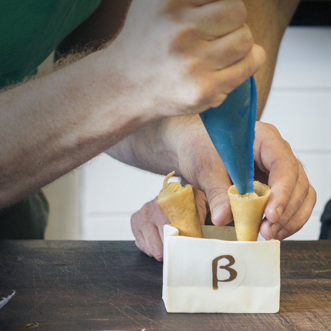 Melitzanosalata and yoghurt soft serve cones. A Greek take on a summer classic.