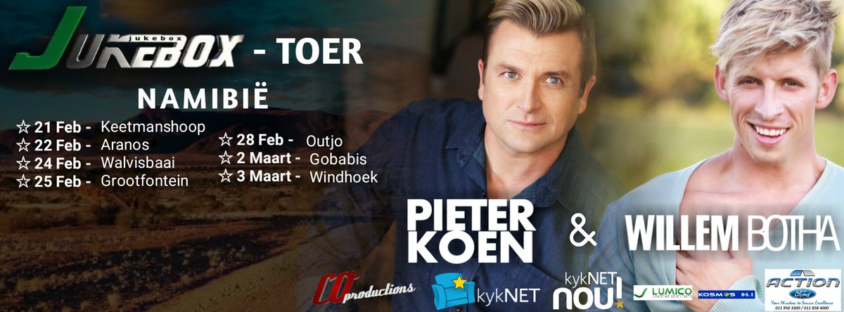 Kyk uit vir <a href="/Pieter_Koen/">Pieter Koen</a> en <a href="/WillemBotha/">Willem Botha</a> in Namibie met die Jukebox-toer later die maand. Vir meer info besoek jukeboxtoer.co.za