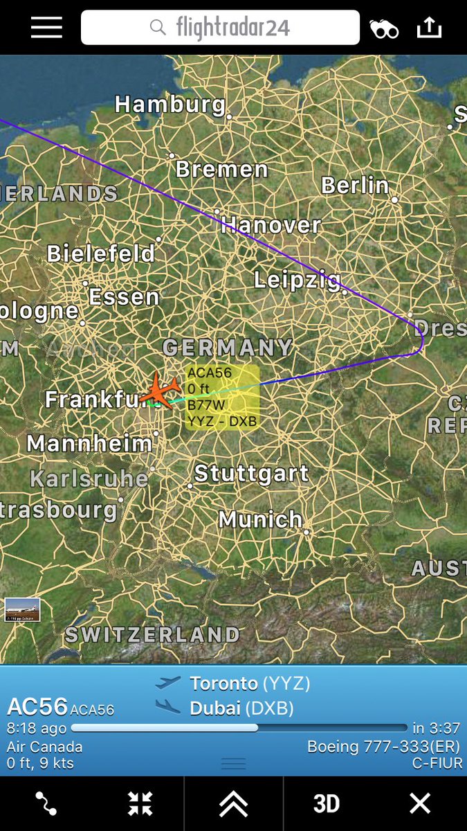 TomPodolec's tweet photo. DIVERSION @AirCanada #AC56 #Toronto to Dubai diverted to Frankfurt. Boeing 777-300 C-FIUR. https://t.co/aQxBBbxTzq