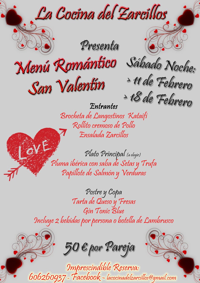 San Valentín en La Cocina del Zarcillos. Te damos a elegir: 11 o 18 de febrero por la noche...velada inolvidable con tu pareja! Reserva ya!