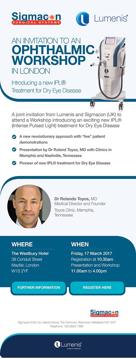 SigmaconUK's tweet photo. Sign up for our London workshop with pioneer of IPL for Dry Eye @DrToyos &amp; see how your patients can benefit https://t.co/v7R4MdYdsv #DryEye https://t.co/hT0VoQ55Gr