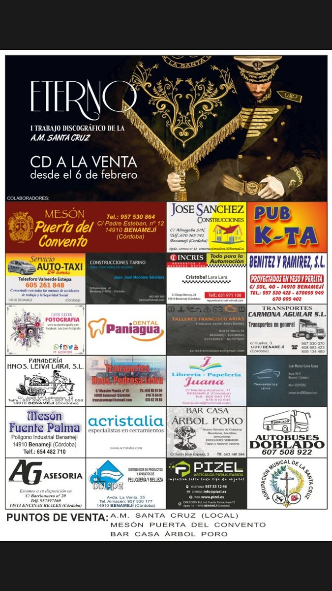 AMLaSantaCruz's tweet photo. Informar que a partir de mañana estarán ya a la venta nuestro CD ETERNO. 
Todo aquel que lo desee puede adquirirlo en los lugares indicados https://t.co/M7jVseyJow