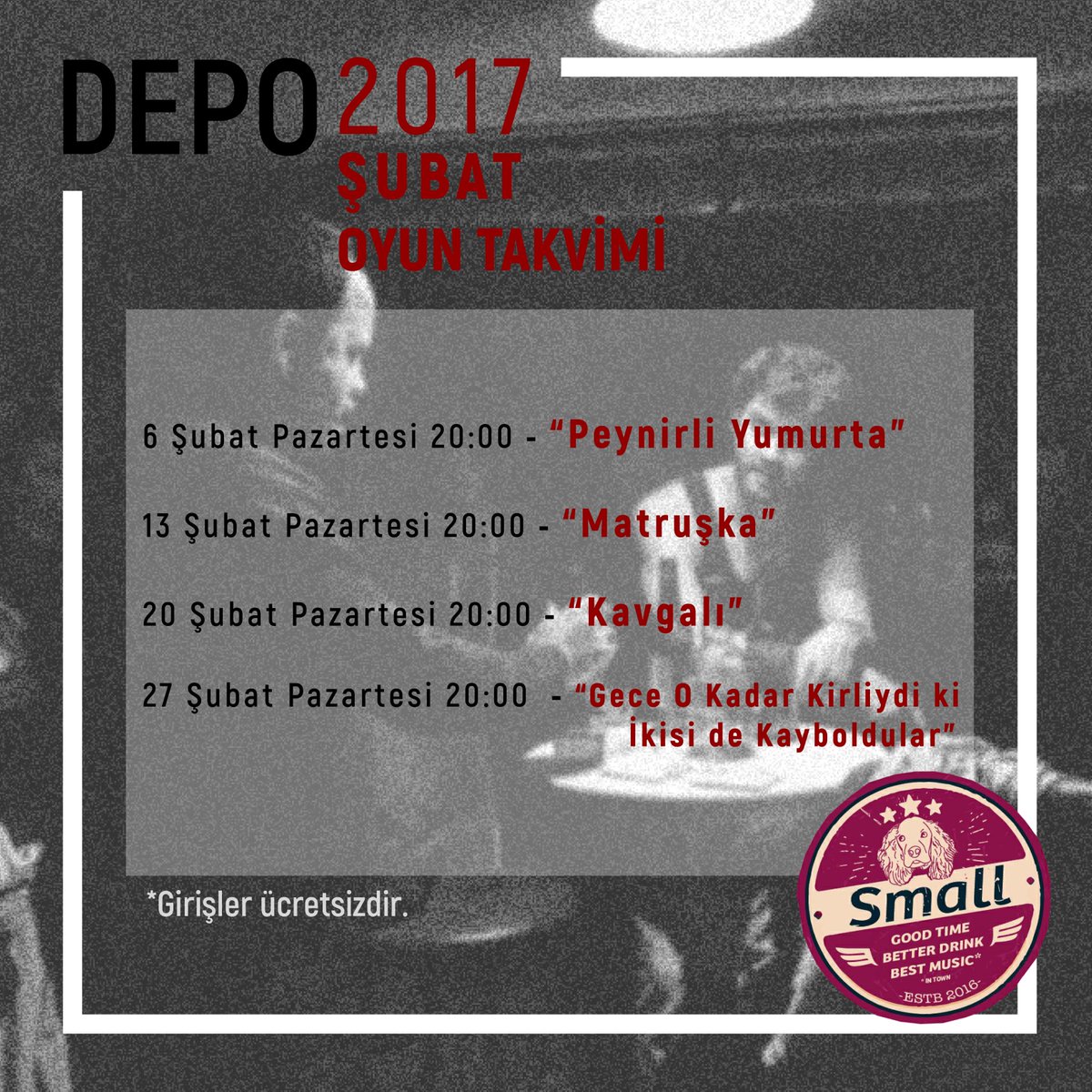 Şubat ayı boyunca her pazartesi Small Pub'da sizlerleyiz. <a href="/smallpubesk/">smallpub</a>