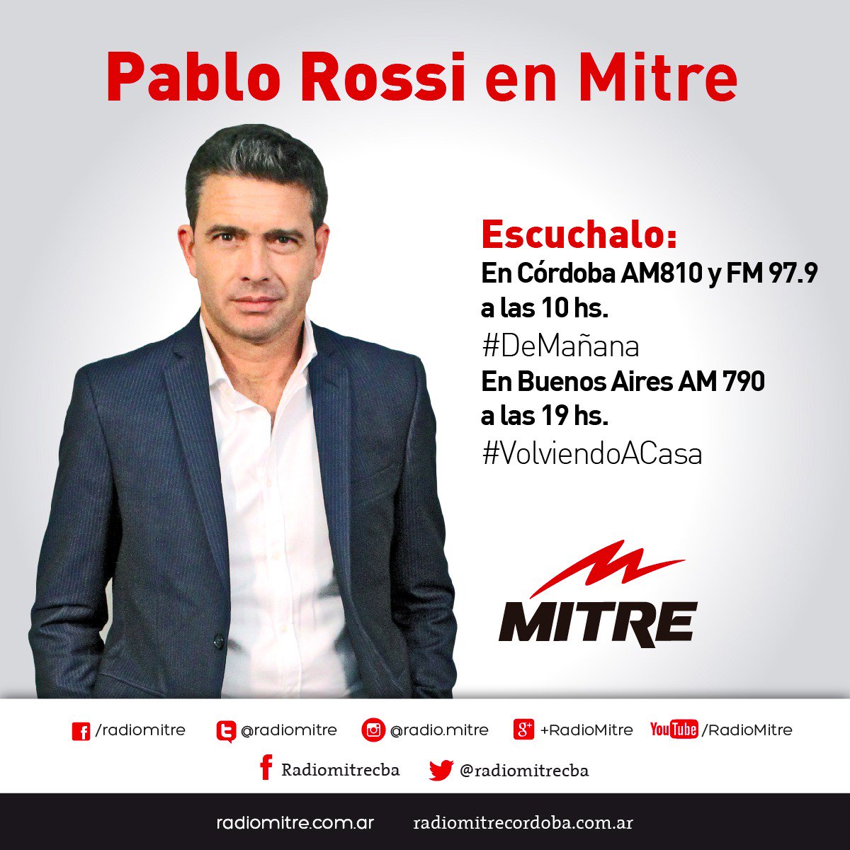 Radio Mitre on Twitter: "#RossiEnMitre | @pabloirossi se suma a la  programación de Radio Mitre desde el lunes 6 de febrero! Escuchalo  #DeMañana y #VolviendoACasa https://t.co/N0EK6BA2PW" / Twitter