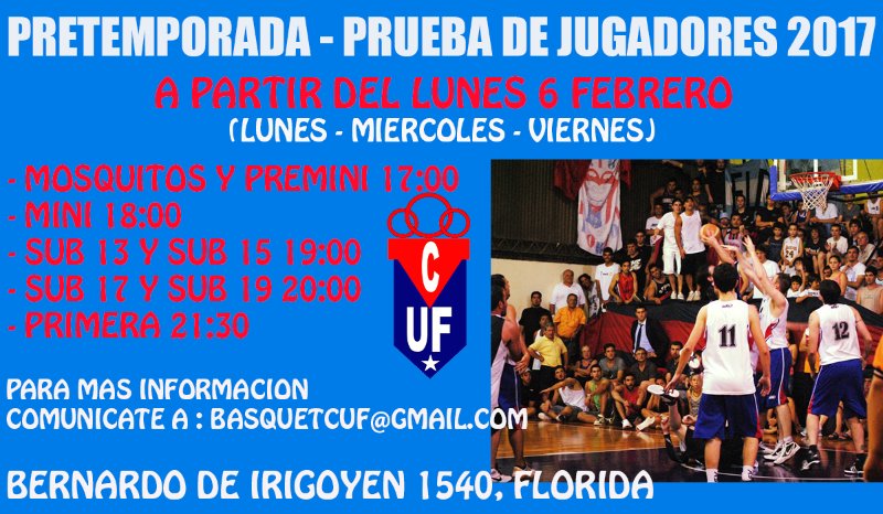 #PRETEMPORADA #PRUEBADEJUGADORES
<a href="/basquetcuf/">Union Florida</a> COMIENZA LA PRETEMPORADA EL LUNES 6 DE FEBRERO <a href="/FEBAMBAok/">FEBAMBA</a>
