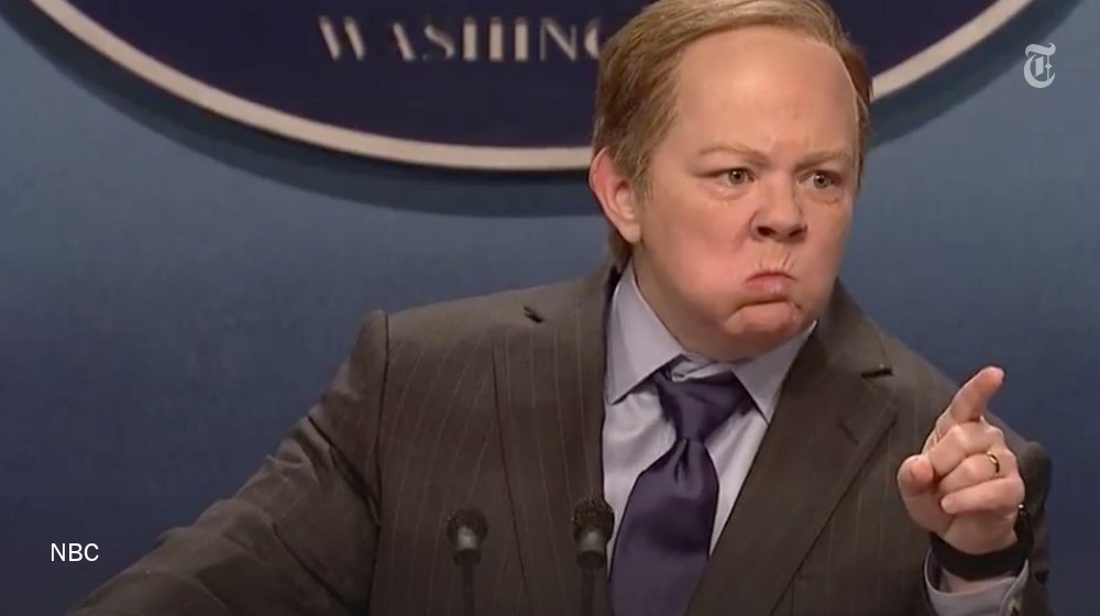 nytimes's tweet photo. “I will put you in the corner with CNN,” Melissa McCarthy, playing an agitated Sean Spicer, said on SNL https://t.co/7rM4JgmtH4 https://t.co/3Bt1ciKLSP