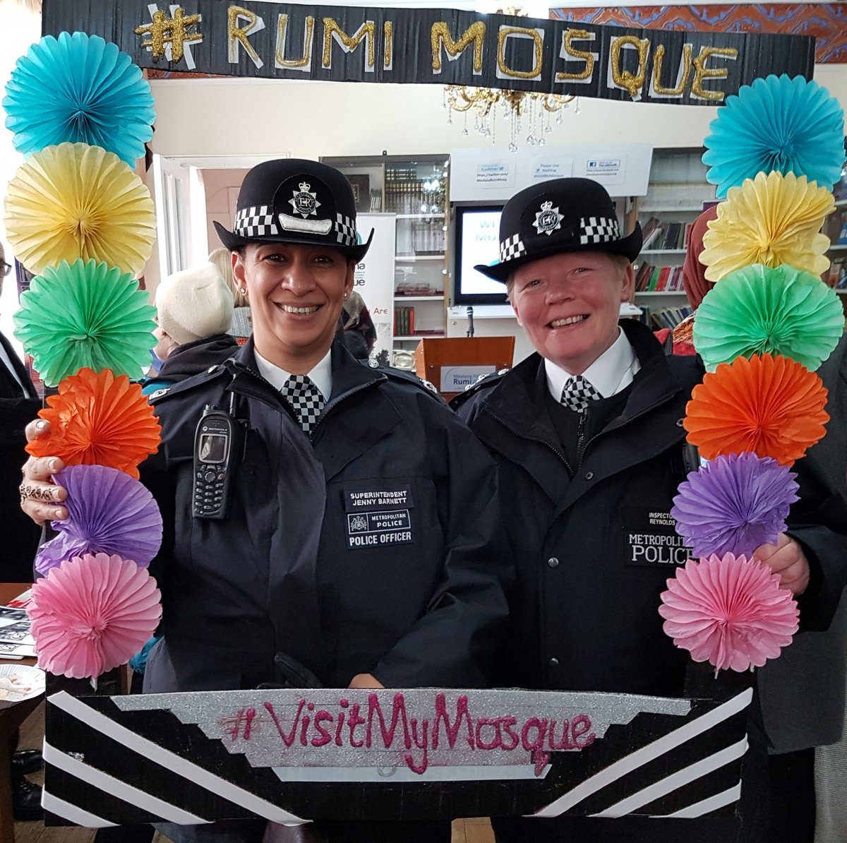 A warm welcome for Enfield's Supt Jenny Barnett and CI Nicki Reynolds at the local open day at the eicalmasjid and Rumi Mevlana Mosque. SAV