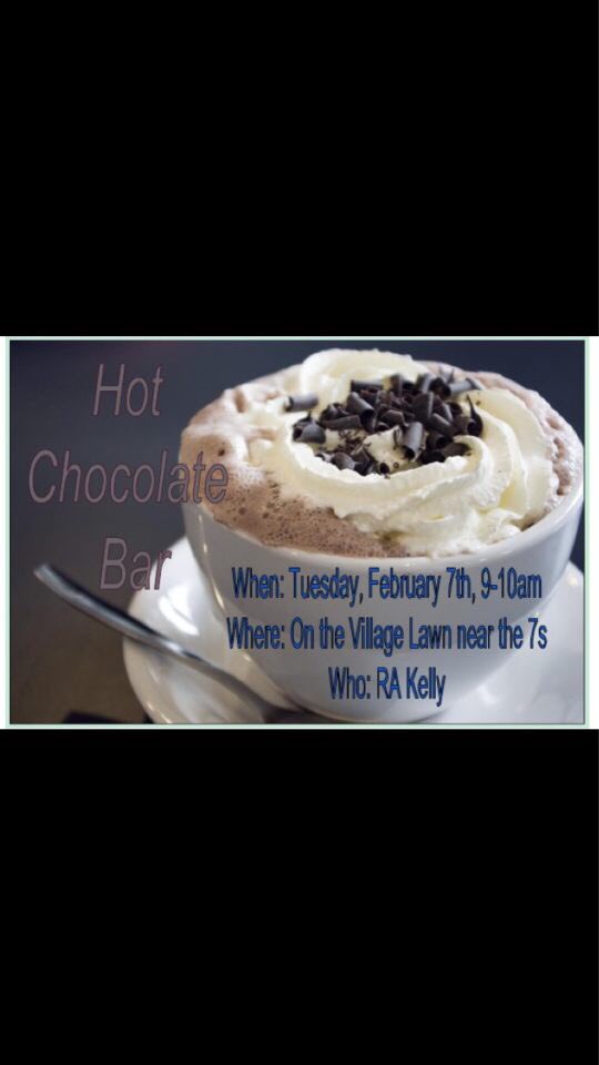 UHartVillage's tweet photo. Please come join RA Kelly this coming TUESDAY on the village lawn near the 7s from 9-10am for hot chocolate! ❄️ https://t.co/FMbTaEG6oK