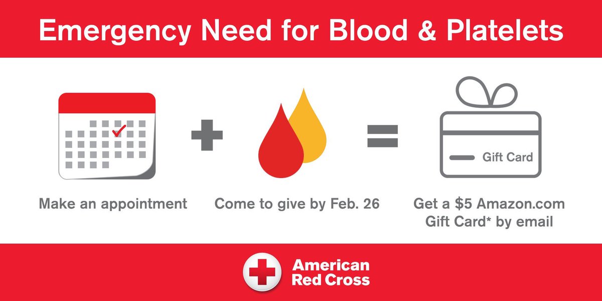 Pls #GiveNow. All who come to donate now thru 2/26 will be emailed a $5 Amazon.com Gift Card. Details: rcblood.org/winter