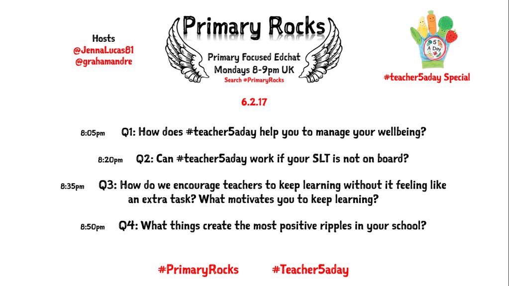 ottleyoconnor's tweet photo. Interesting #primaryrocks tomorrow 8:00-9:00pm with a #wellbeing &amp; #teacher5aday special focus hosted by @JennaLucas81 @grahamandre https://t.co/UiVwwRttWB