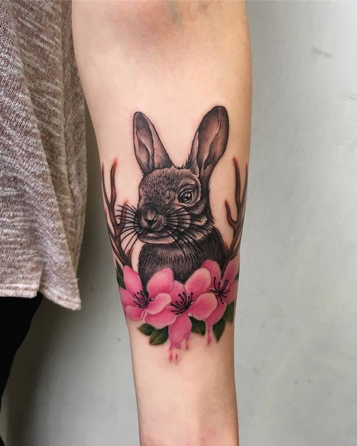 well - detailed tattoo stencil of a floral rabbit with | Stable Diffusion
