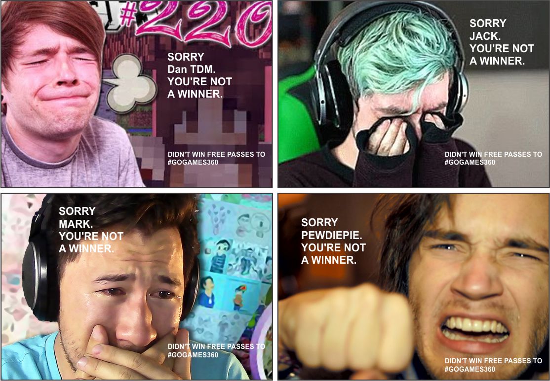 gogames360play's tweet photo. @dantdm @pewdiepie @Jack_Septic_Eye @markiplier Announcing the LOSERS! TOP #YOUTUBEgamers lose BIG! #gogames360 https://t.co/EnK3Syzts2
