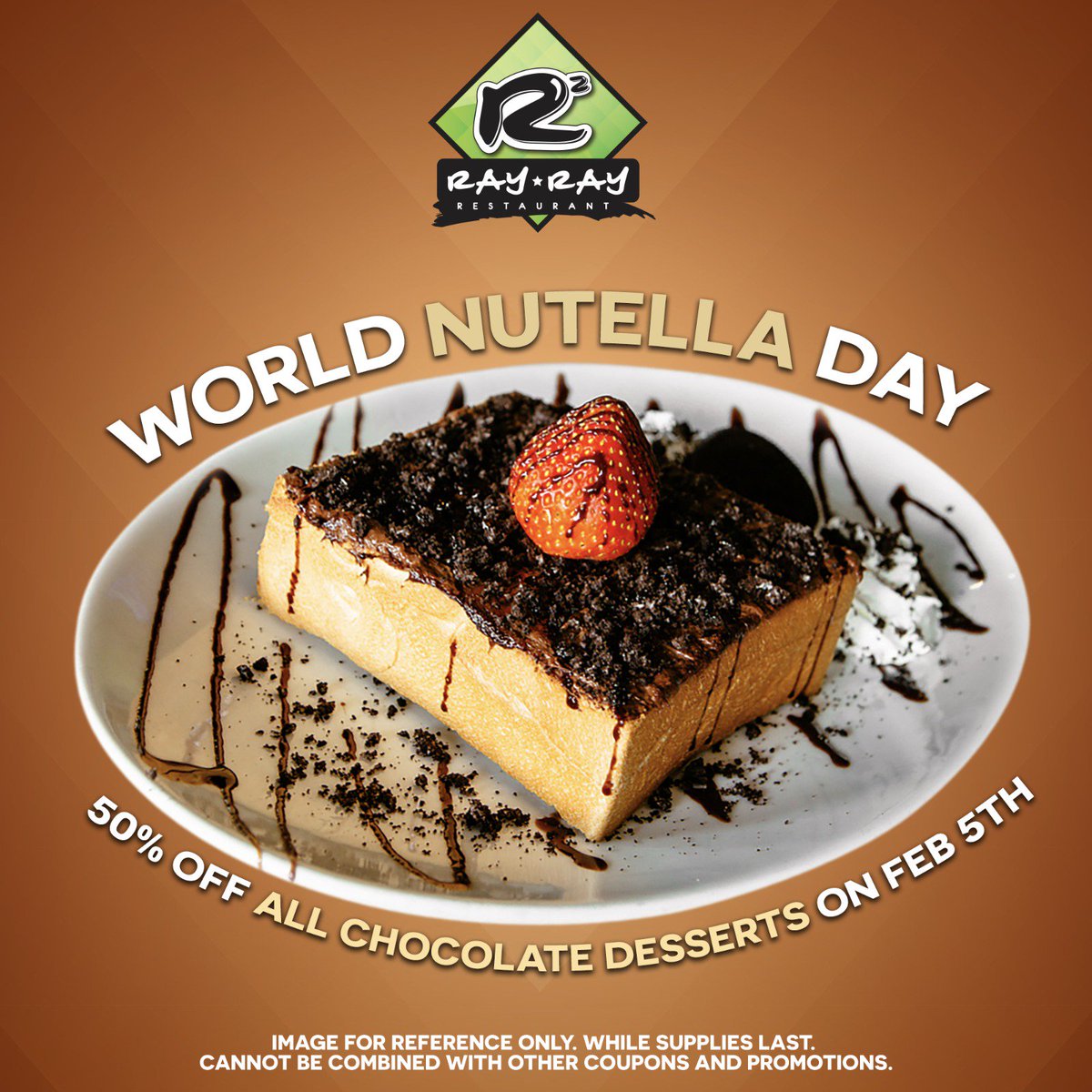 R2Restaurant's tweet photo. Today is World Nutella Day. To celebrate, we're doing 50% off all chocolate desserts! Stop by today and enjoy some sweets.
#R2Restaurant https://t.co/vGGZAeU5br