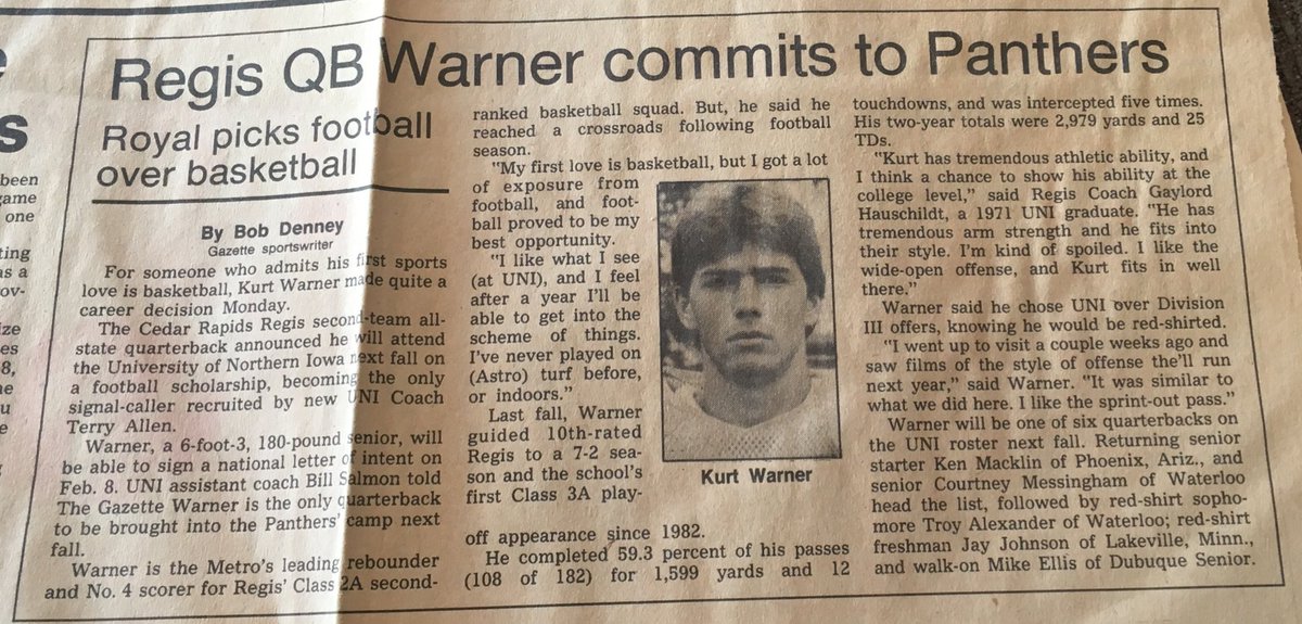 Article in The Gazette January 31, 1989  when Kurt Warner decided to play football instead of basketball at UNI <a href="/kurt13warner/">Kurt Warner</a>