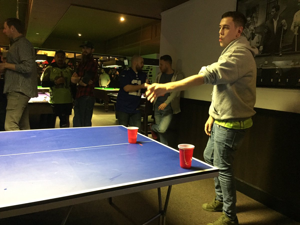CarnegieAFC's tweet photo. Beer Pong Tournament well on its way now with Round 1. #SuperBowlParty #BeerPong https://t.co/Y2vQOwBPrn