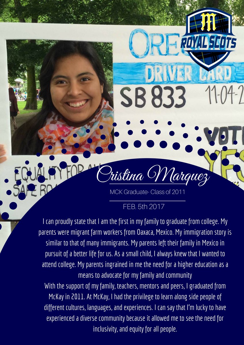 scotsmandaily's tweet photo. Cristina Marquez, class of '11
Willamette U grad 
"...a diverse community allowed me to see the need for equity for all people." #mckunity https://t.co/4CAR2uVOVh
