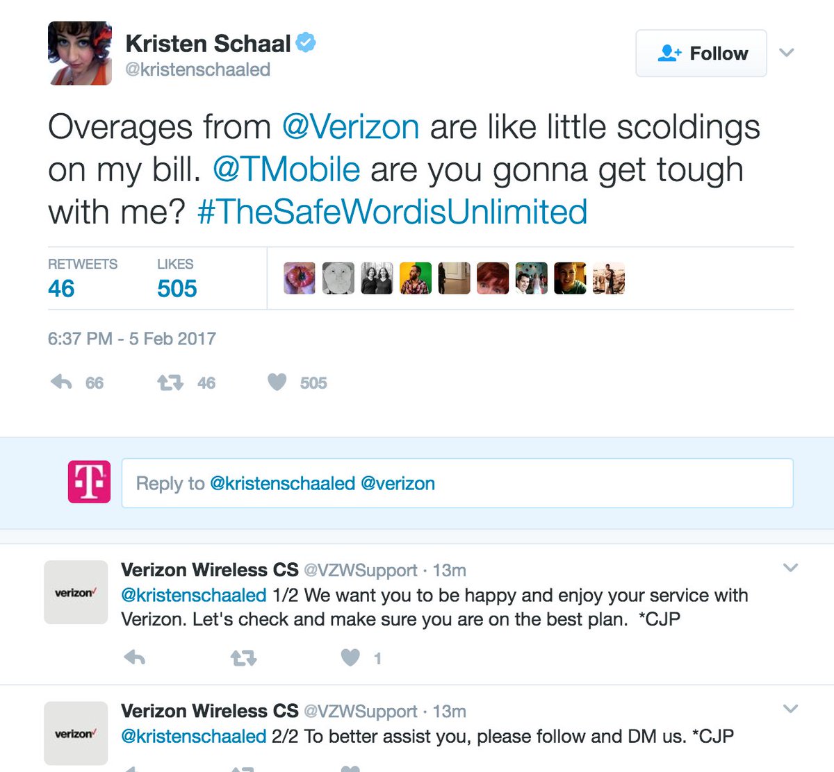t mobile📱 on twitter guys verizon customer service just verizon customer service just contacted kristen this is really happening thesafewordisunlimited t co dz9tubcca1