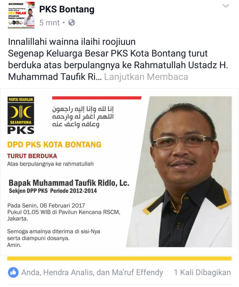 Innalillahi wainna ilaihi roojiuun
Segnp Klrga Besar PKS Kota Bontang turut brduka ats brplngnya k Rahmatullah Ust H. M.Taufik Ridlo, Lc.