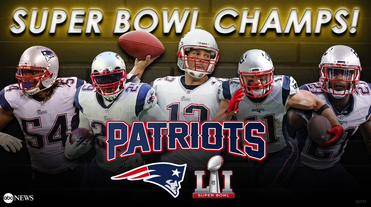 GMA's tweet photo. JUST IN: The New England @Patriots win the #SuperBowl in overtime, 34-28; finish game with 31-unanswered points after being down 25 https://t.co/rP21cgpU3g