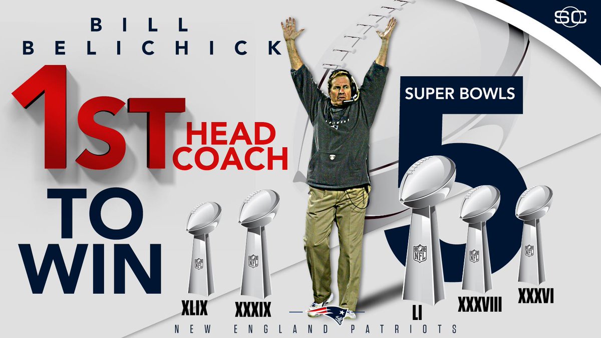 SportsCenter's tweet photo. Bill Belichick wins his 5th Super Bowl, the most wins in Super Bowl history as a head coach. https://t.co/v1hO983VQ5