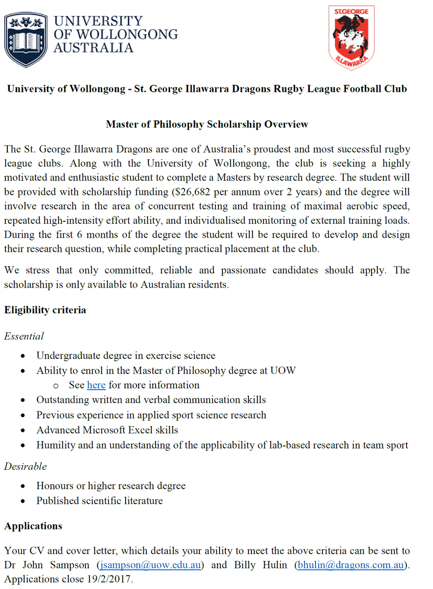 jsampson77's tweet photo. 2 wks left to apply for MSc opportunity with @jsampson77, @UOW and @Billy_Hulin @NathPickworth @ClarkyAC &amp; @Rondinelli_A @NRL_Dragons ! https://t.co/7EFEqHNPao